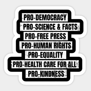 Pro Democracy, Science, Free Press, Human Rights, Equality, Health Care for All, Kindness Sticker